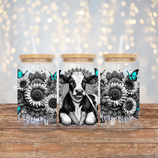 Black and White Cow with Pops of Aqua, Mandala and Sunflowers Digital Download 16oz UV DTF Transfer Wrap PNG Image
