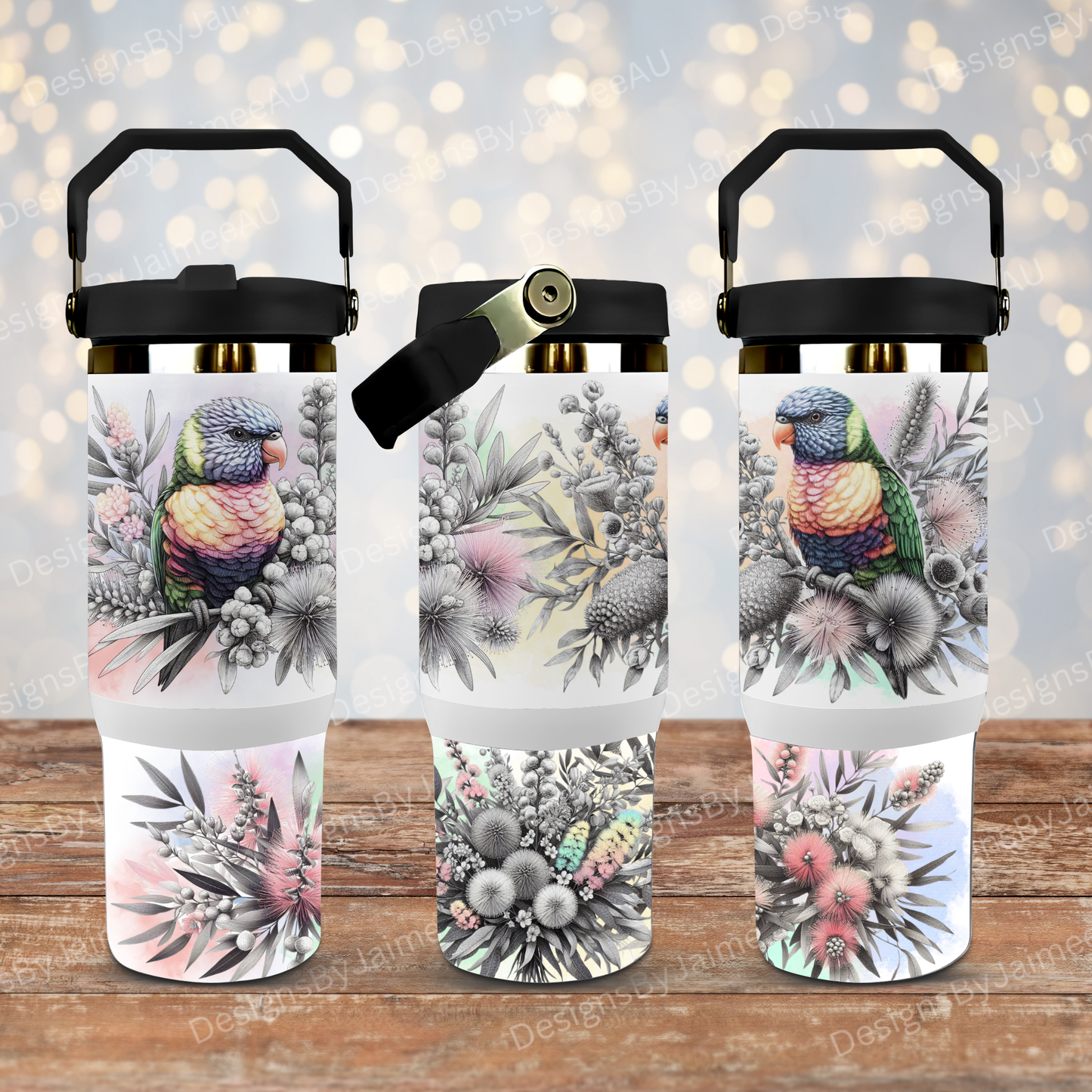 Black and White Rainbow Lorikeets and Australian Natives, Pops of Pastels- Digital 30oz Sublimation Tumbler Wrap