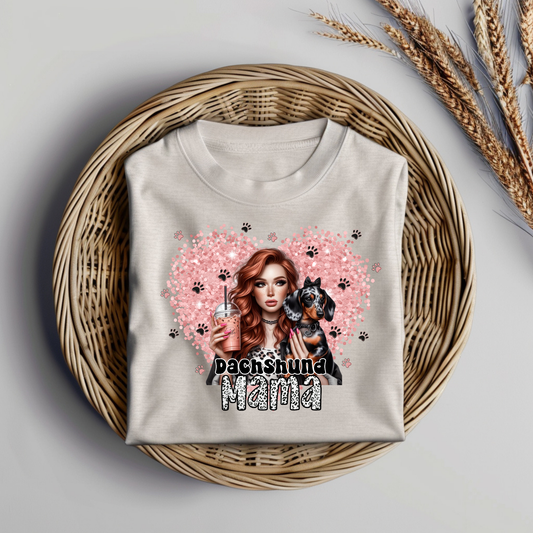 Dachshund Mama Glitter Heart/Red Head Digital DTF Transfer PNG Image
