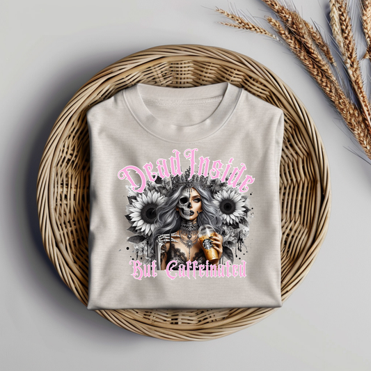 "Dead Inside But Caffeinated" Skeleton Woman Digital DTF Transfer PNG Image
