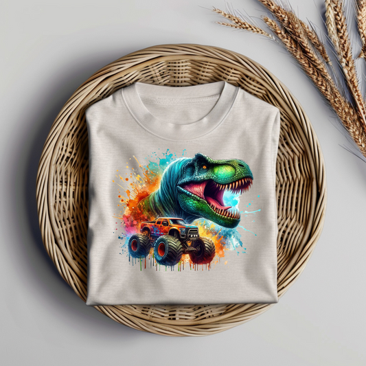 Vibrant Watercolour T-Rex and Monster Trucks #1 Digital DTF Transfer PNG Image
