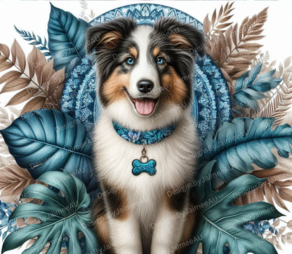 Teal and Brown Tropical Border Collie Digital 20oz Sublimation Tumbler Wrap