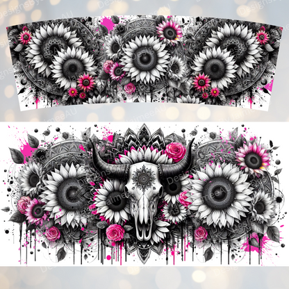 Black and White Bull Skull with Pops of Pink 40oz Digital Sublimation Tumbler Wrap