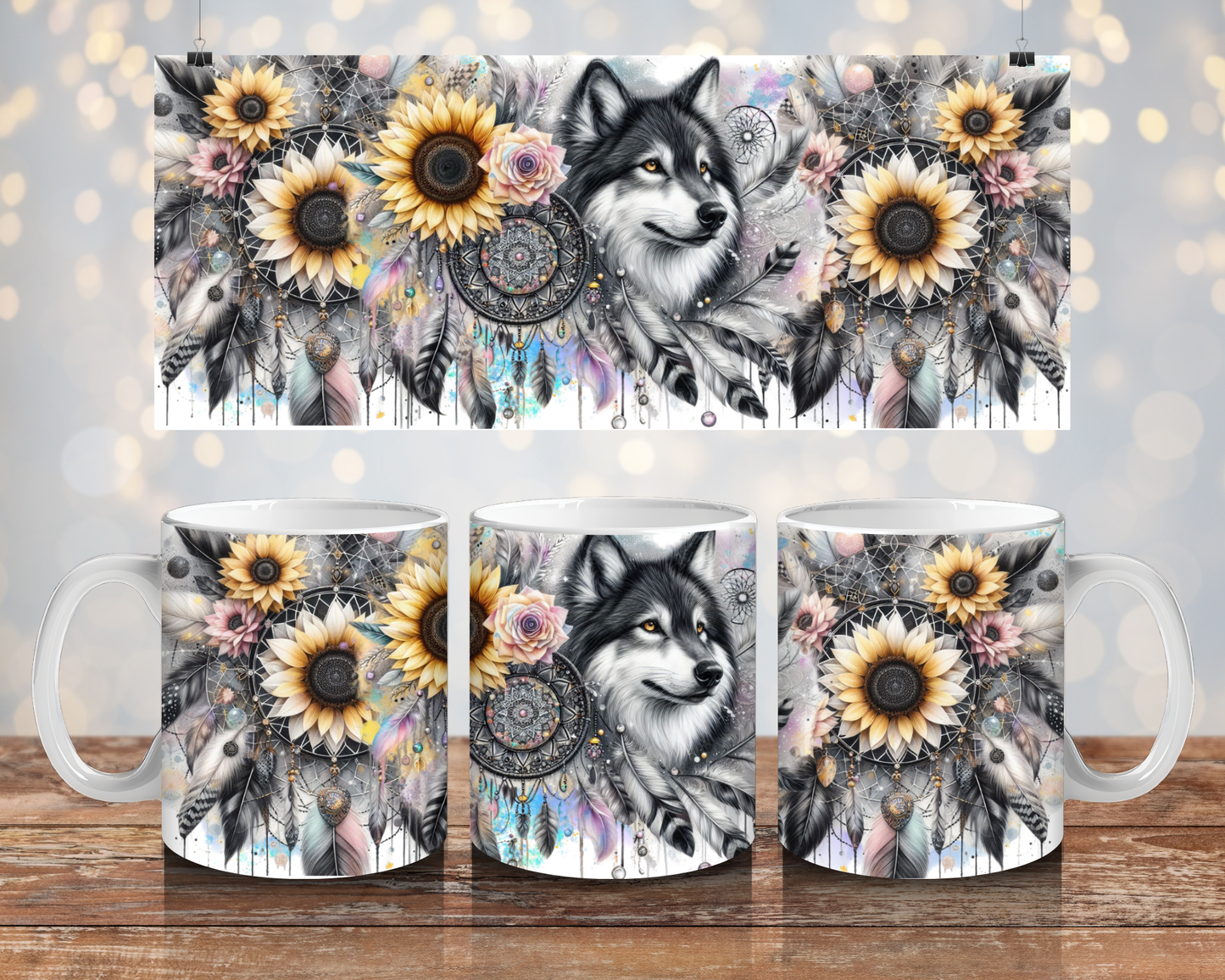 Black and White Wolf and Dreamcatcher  - Digital 11oz Sublimation Coffee Mug Design