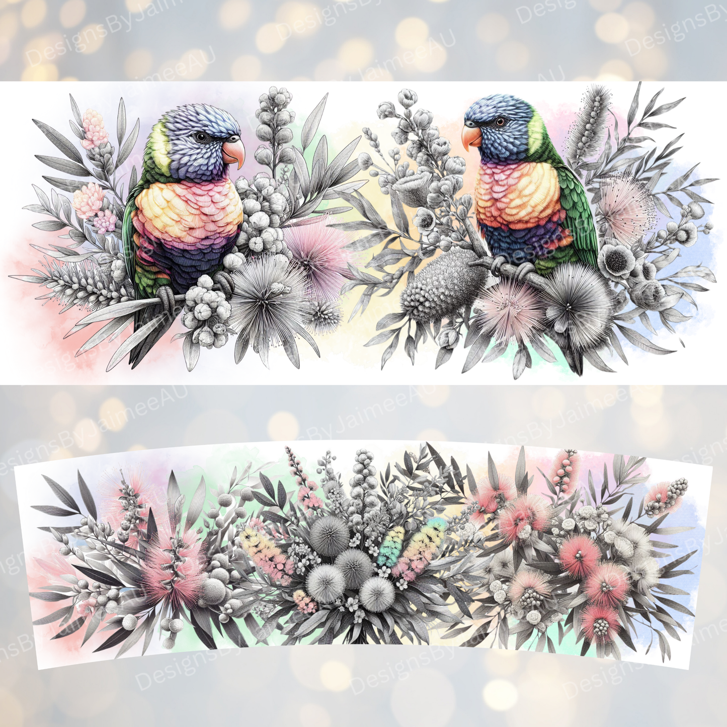 Black and White Rainbow Lorikeets and Australian Natives, Pops of Pastels- Digital 30oz Sublimation Tumbler Wrap