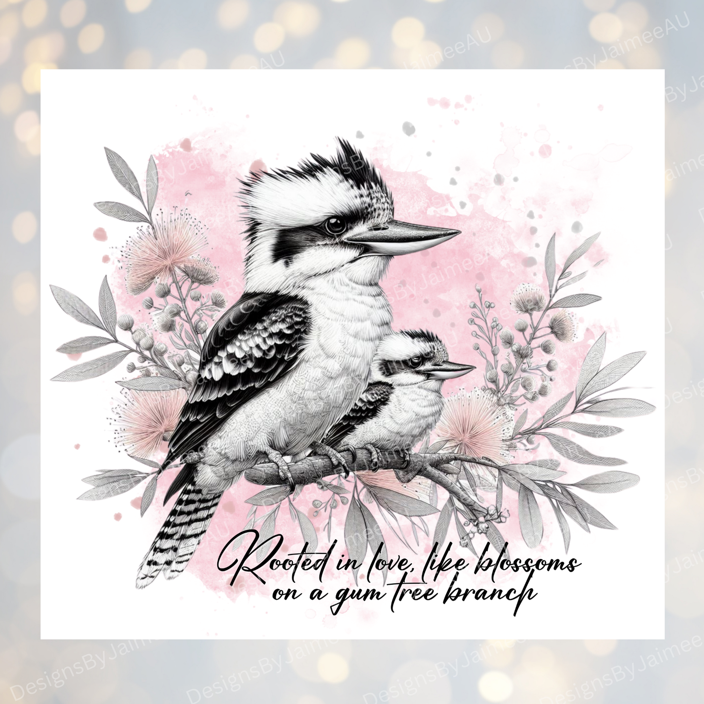 "Mothers Day" Black and White Kookaburra and Baby, pastel pink themed - Digital 20oz Sublimation Tumbler Wrap
