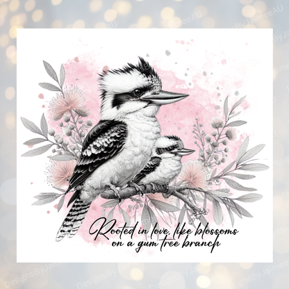 "Mothers Day" Black and White Kookaburra and Baby, pastel pink themed - Digital 20oz Sublimation Tumbler Wrap
