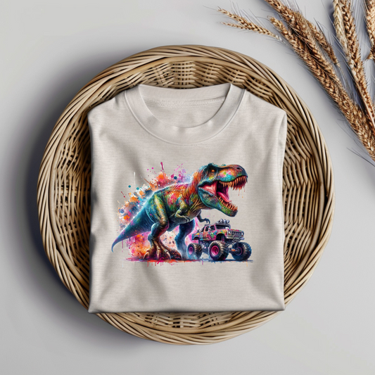 Vibrant Watercolour T-Rex and Monster Trucks #2 Digital DTF Transfer PNG Image
