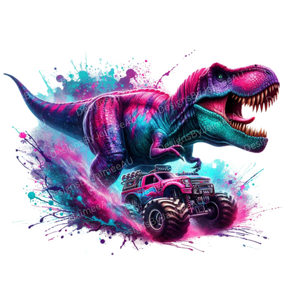 Vibrant Watercolour T-Rex and Monster Trucks #3 PINK/AQUA Digital DTF Transfer PNG Image