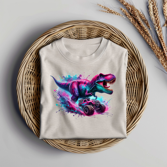Vibrant Watercolour T-Rex and Monster Trucks #3 PINK/AQUA Digital DTF Transfer PNG Image