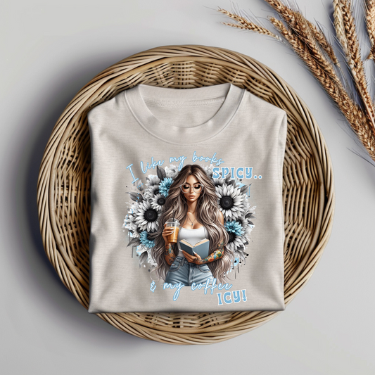 Blue "I like my books SPICY and my Coffee ICY!" Book girlie Digital DTF Transfer PNG Image
