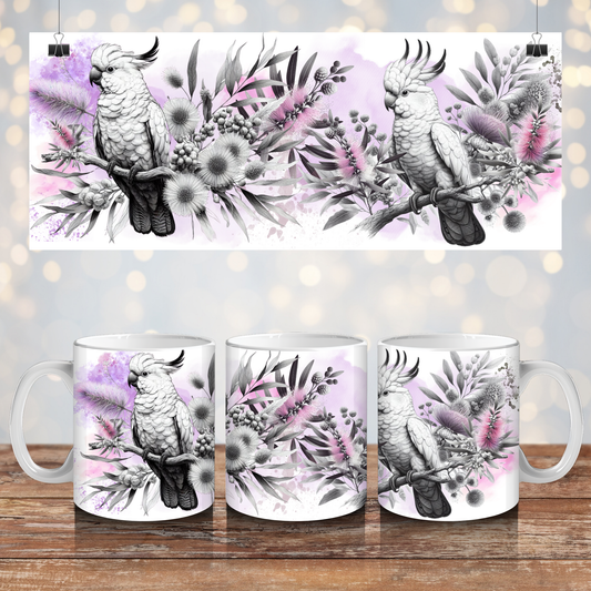Black and White Cockatoo, with Pastel Purple Watercolours  - Digital 11oz Sublimation Coffee Mug Design