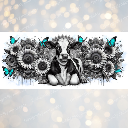 Black and White Cow with Pops of Aqua, Mandala and Sunflowers Digital Download 16oz UV DTF Transfer Wrap PNG Image