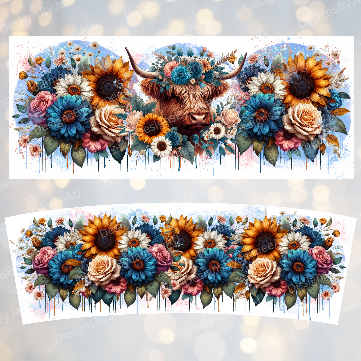 Boho Blue Highland Cow - 40oz Digital Sublimation Tumbler Wrap