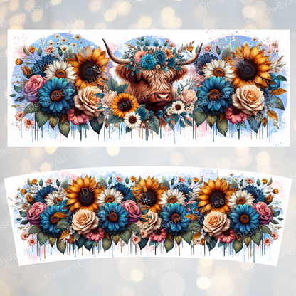 Boho Blue Highland Cow - 40oz Digital Sublimation Tumbler Wrap
