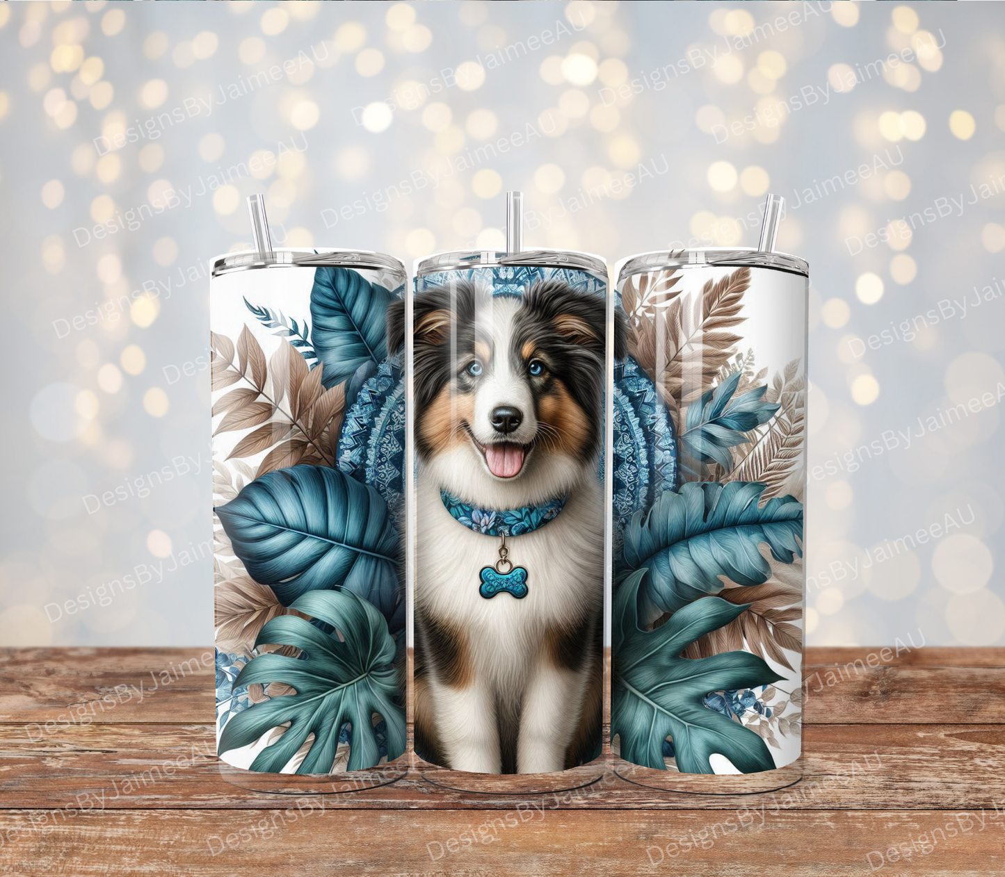 Teal and Brown Tropical Border Collie Digital 20oz Sublimation Tumbler Wrap