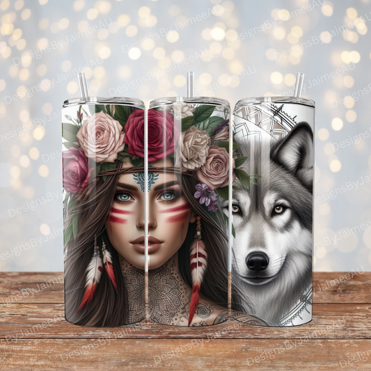 Warrior Woman, Wolf, Flower Crown (Fierce Collection) Digital 20oz Sublimation Tumbler Wrap