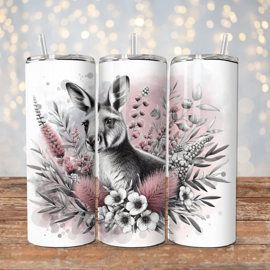 Black and White Kangaroo and Aussie Natives, pastel pink themed - Digital 20oz Sublimation Tumbler Wrap