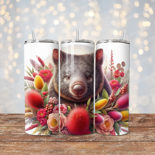 Native Australian Flowers and a Wombat Digital 20oz Sublimation Tumbler Wrap