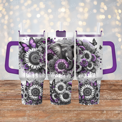 Black and White Elephant with Pops of Purple 40oz Digital Sublimation Tumbler Wrap