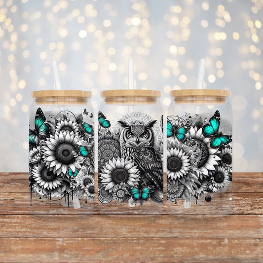 Black and White Owl with Pops of Aqua, Mandala and Sunflowers Digital Download 16oz UV DTF Transfer Wrap PNG Image