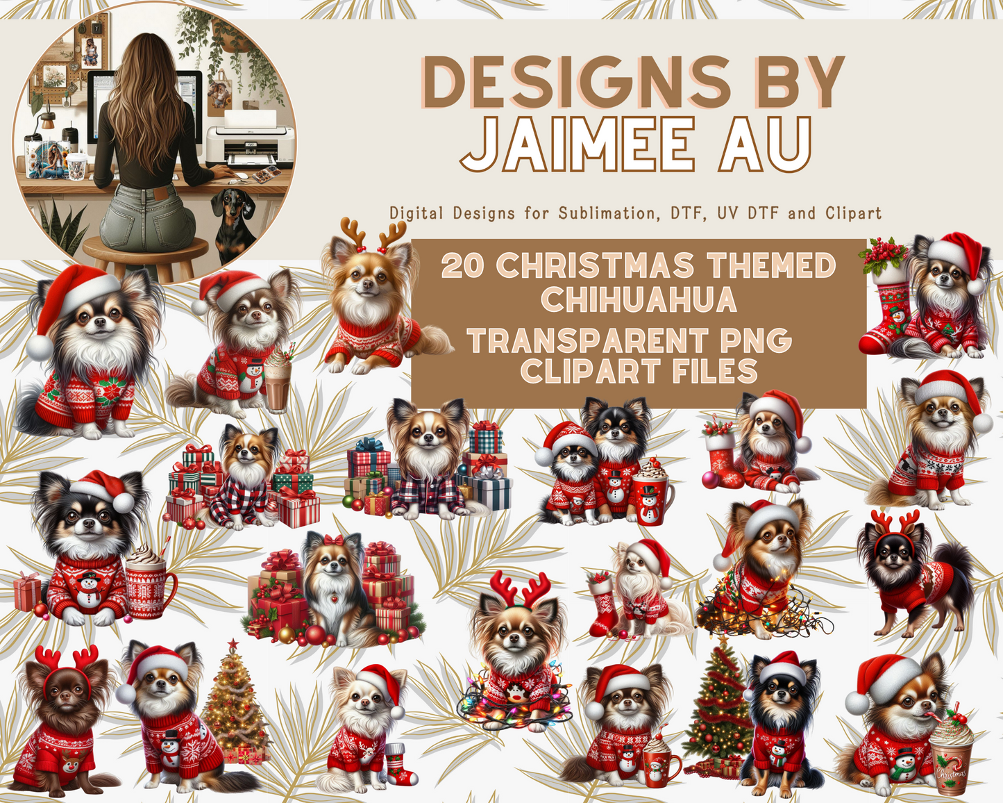 20 Traditional Christmas Chihuahuas Digital Transparent Clipart Images