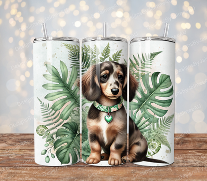 Long Haired Choc Dapple Dachshund- Sage Green Tropical -  Digital Download 20oz Sublimation Tumbler Wrap