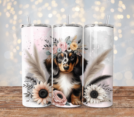 Black and Pink Floral Long Haired Dapple Dachshund -  Digital Download 20oz Sublimation Tumbler Wrap
