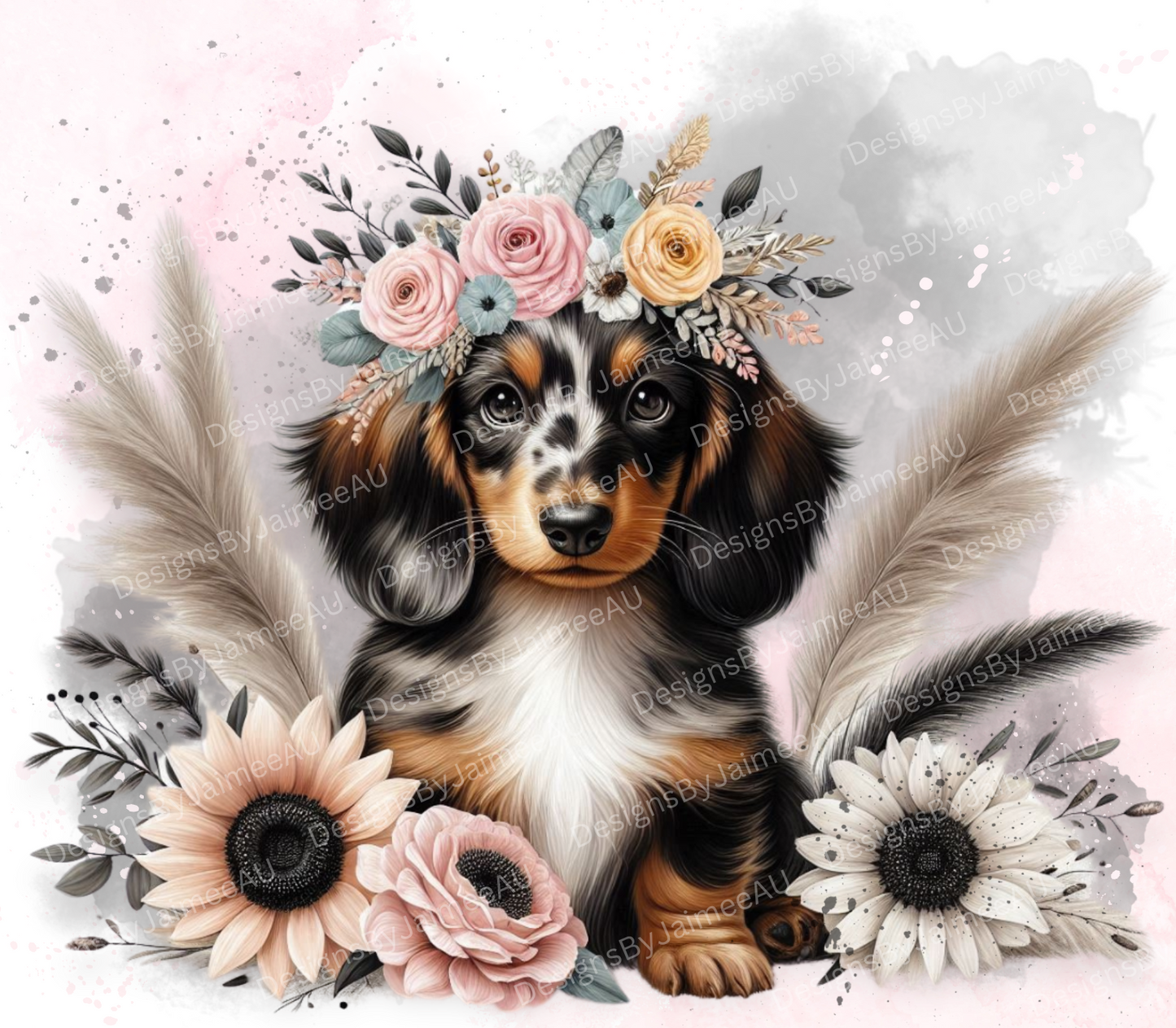 Black and Pink Floral Long Haired Dapple Dachshund -  Digital Download 20oz Sublimation Tumbler Wrap