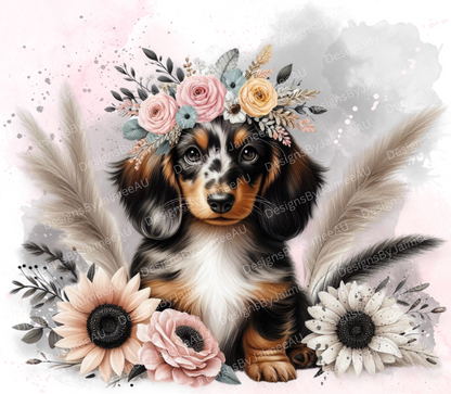 Black and Pink Floral Long Haired Dapple Dachshund -  Digital Download 20oz Sublimation Tumbler Wrap