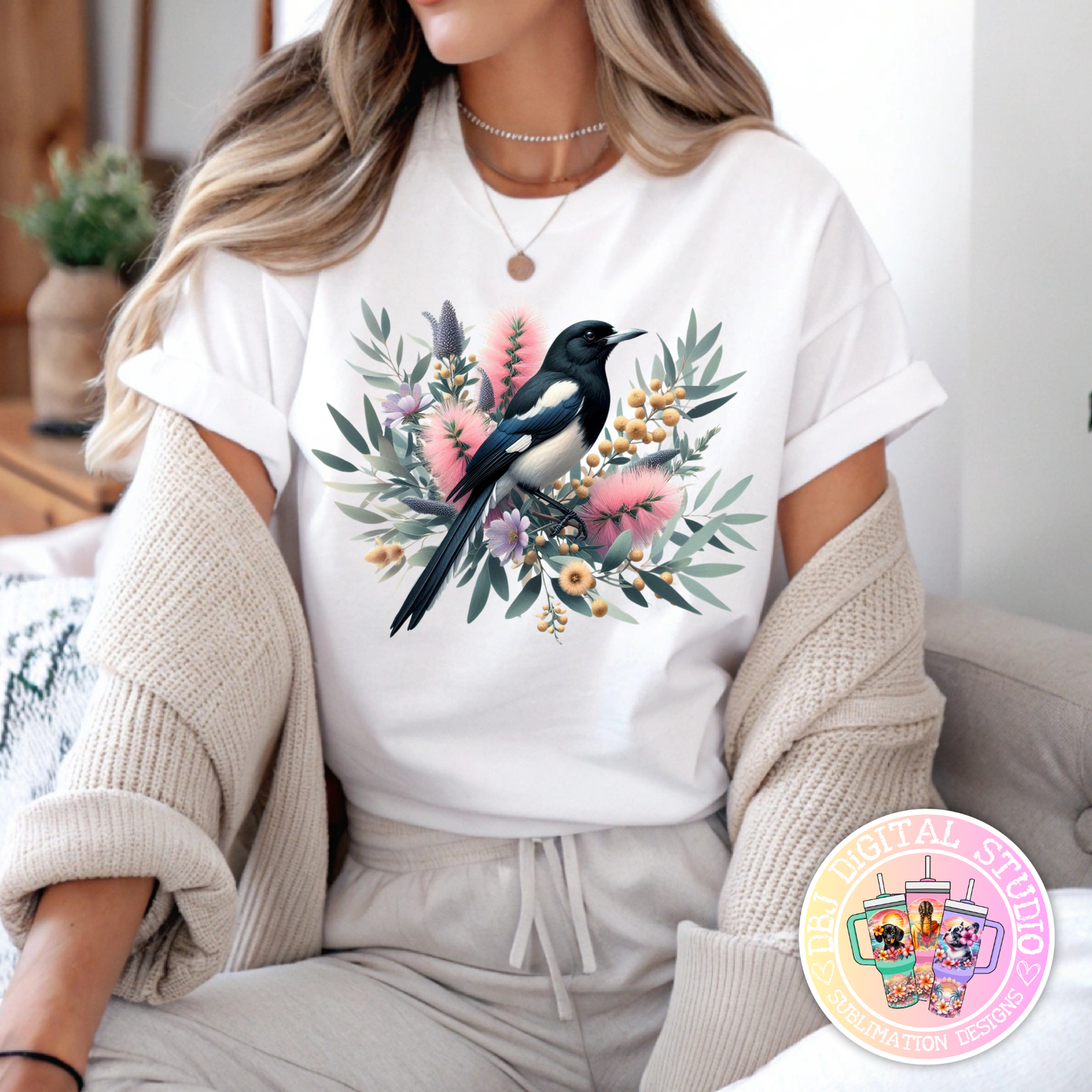 Pastel Magpie and Australian Native Flowers Digital DTF Transfer PNG Image