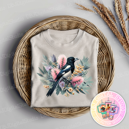 Pastel Magpie and Australian Native Flowers Digital DTF Transfer PNG Image