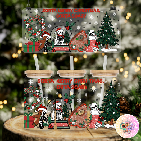 16oz UV DTF Libby Wrap • DIGITAL DOWNLOAD • "Sorta Merry Christmas, Sorta Scary" • Transparent Spooky Christmas Skeleton Design