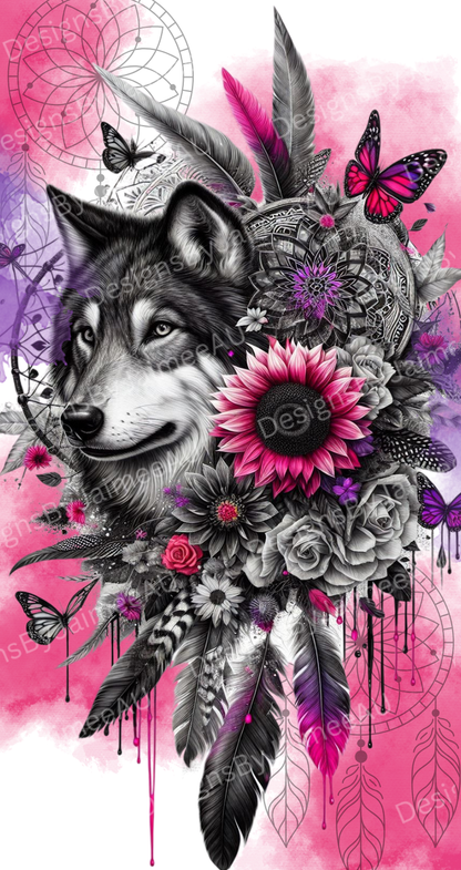 Black and White Wolf with Pink Watercolour Digital Phone Case Design