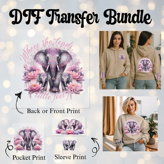 DTF Transfer Bundle – "Where She Leads, Little Feet Follow" | Main + Pocket + Sleeve Print (Copy)