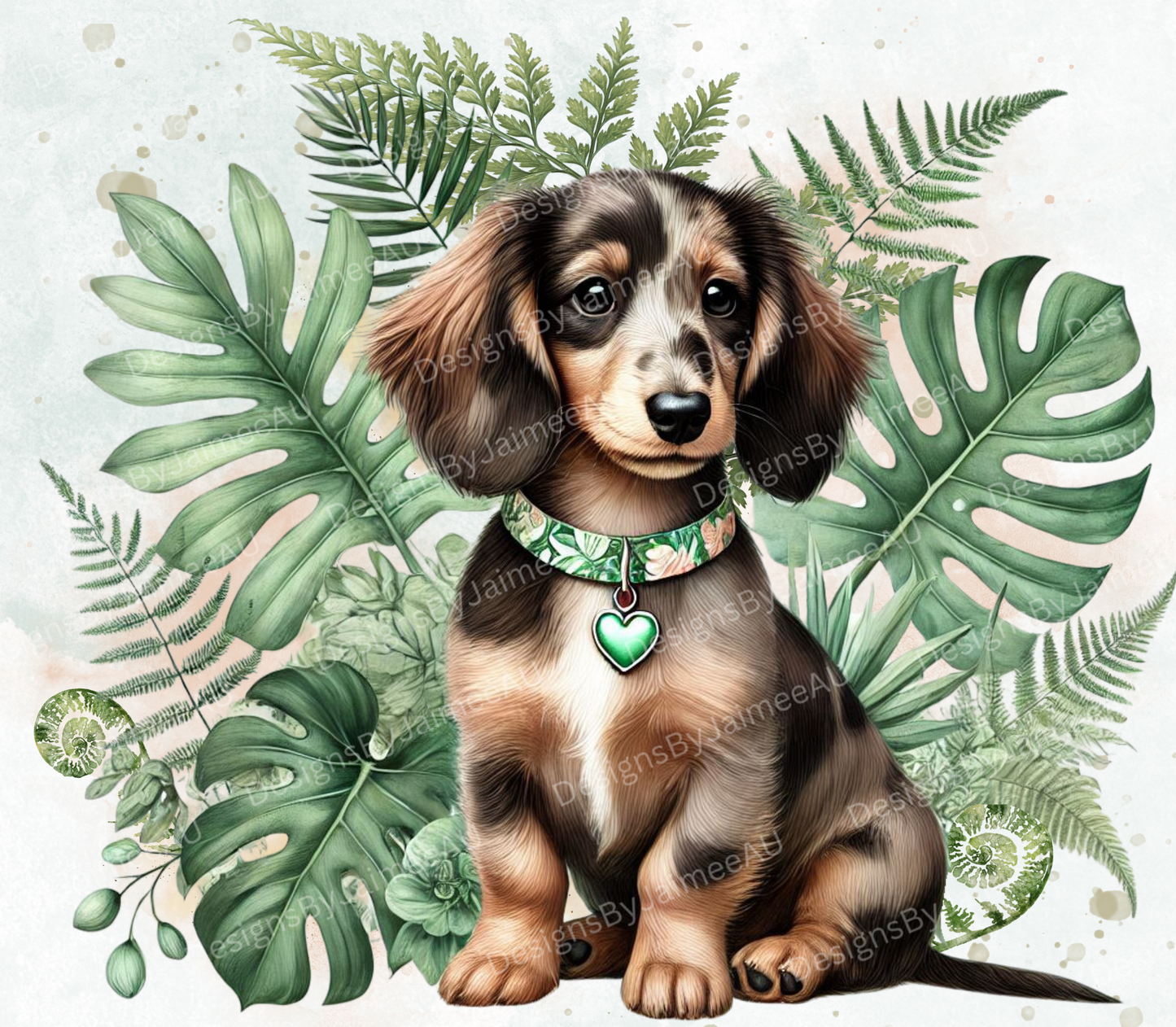 Long Haired Choc Dapple Dachshund- Sage Green Tropical -  Digital Download 20oz Sublimation Tumbler Wrap