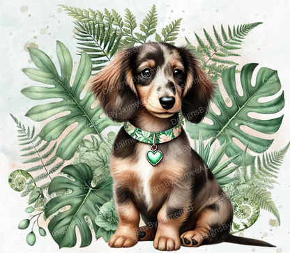 Long Haired Choc Dapple Dachshund- Sage Green Tropical -  Digital Download 20oz Sublimation Tumbler Wrap