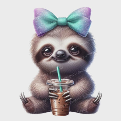 25 Baby Sloths with Bows and Ice Coffee Digital Transparent Clipart Images